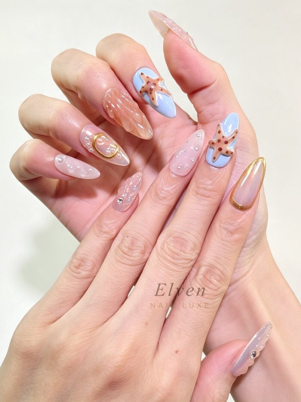 Ocean Themed Press On Nails With 3D Starfish Shells And Pearls Medium Almond